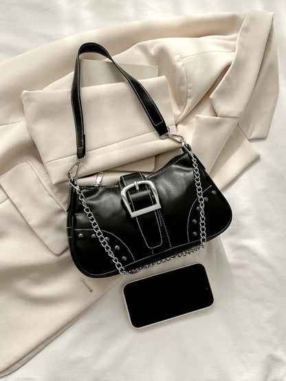 Black Buckle & Chain Baguette Bag