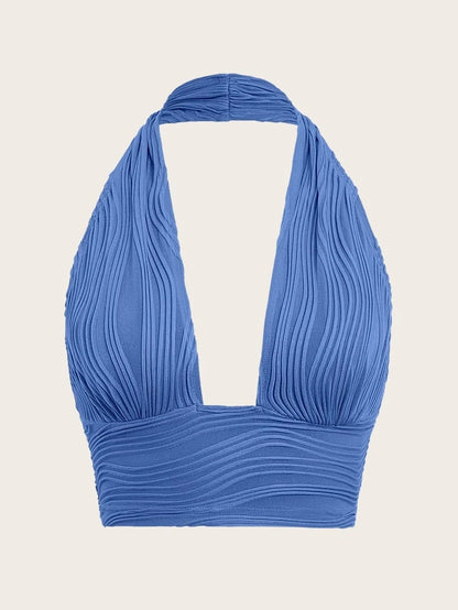 Blue Solid Backless Crop Top