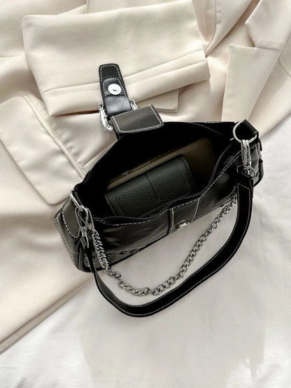 Black Buckle & Chain Baguette Bag