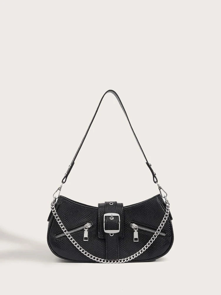 Black Chain & Buckle Shoulder Hobo Bag