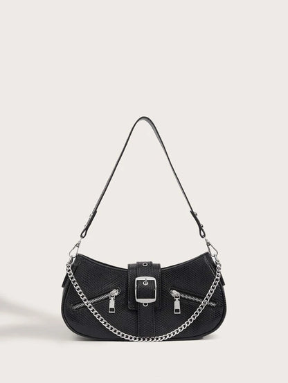 Black Chain & Buckle Shoulder Hobo Bag