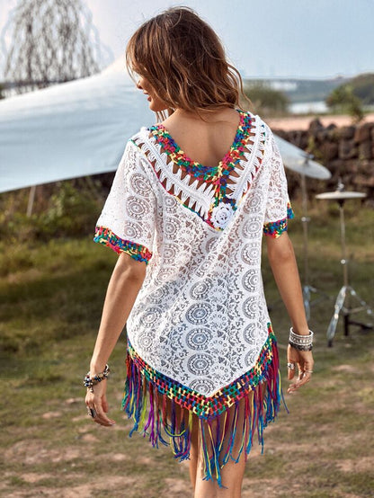 Lace Contrast Fringe Hem Cover Up