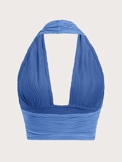 Blue Solid Backless Crop Top