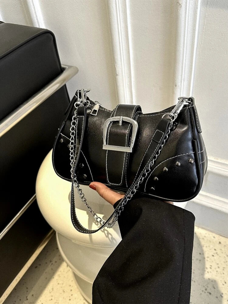 Black Buckle & Chain Baguette Bag