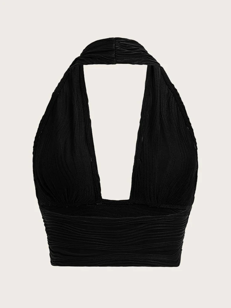 Black Solid Backless Crop Top