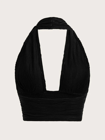 Black Solid Backless Crop Top