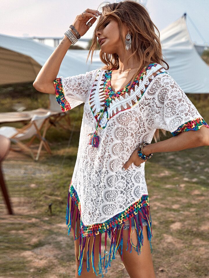 Lace Contrast Fringe Hem Cover Up