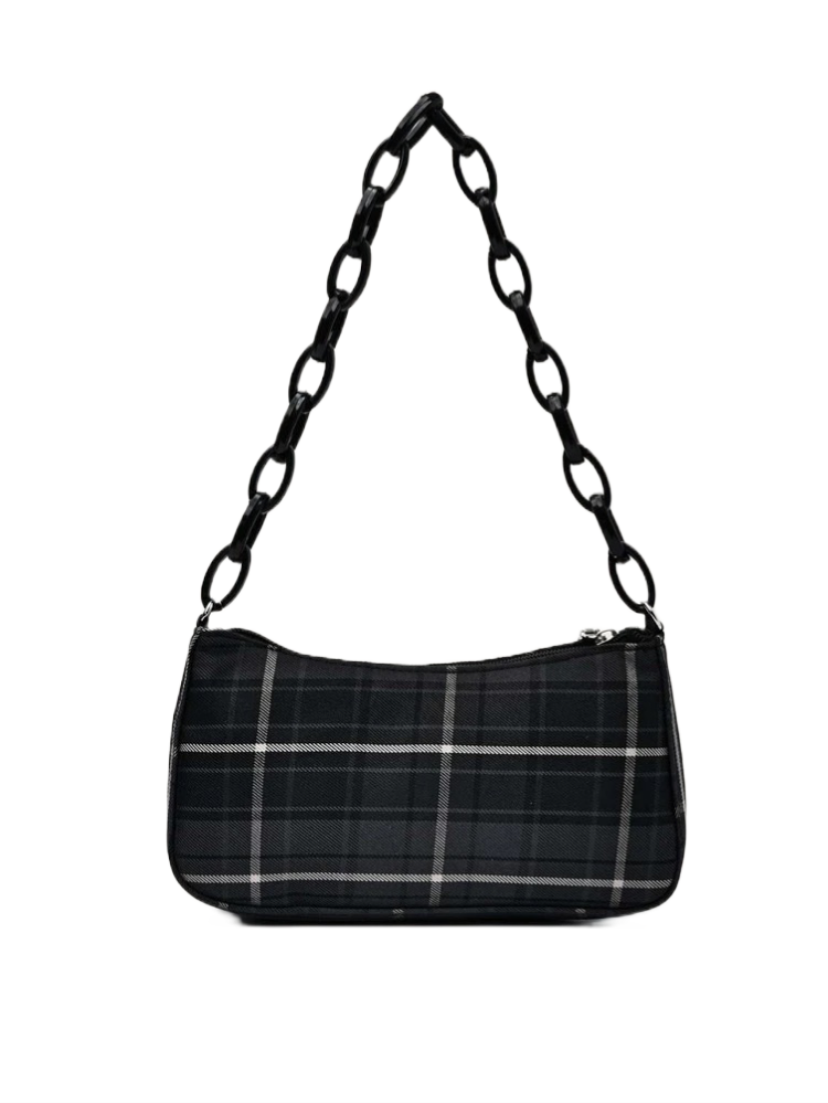 Black plaid chain baguette bag