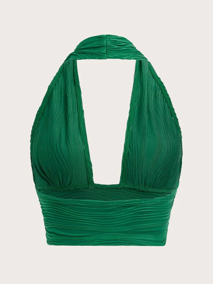 Green Solid Backless Crop Top