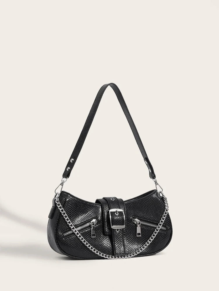 Black Chain & Buckle Shoulder Hobo Bag