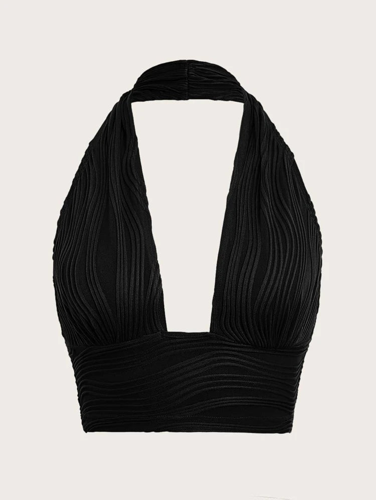 Black Solid Backless Crop Top