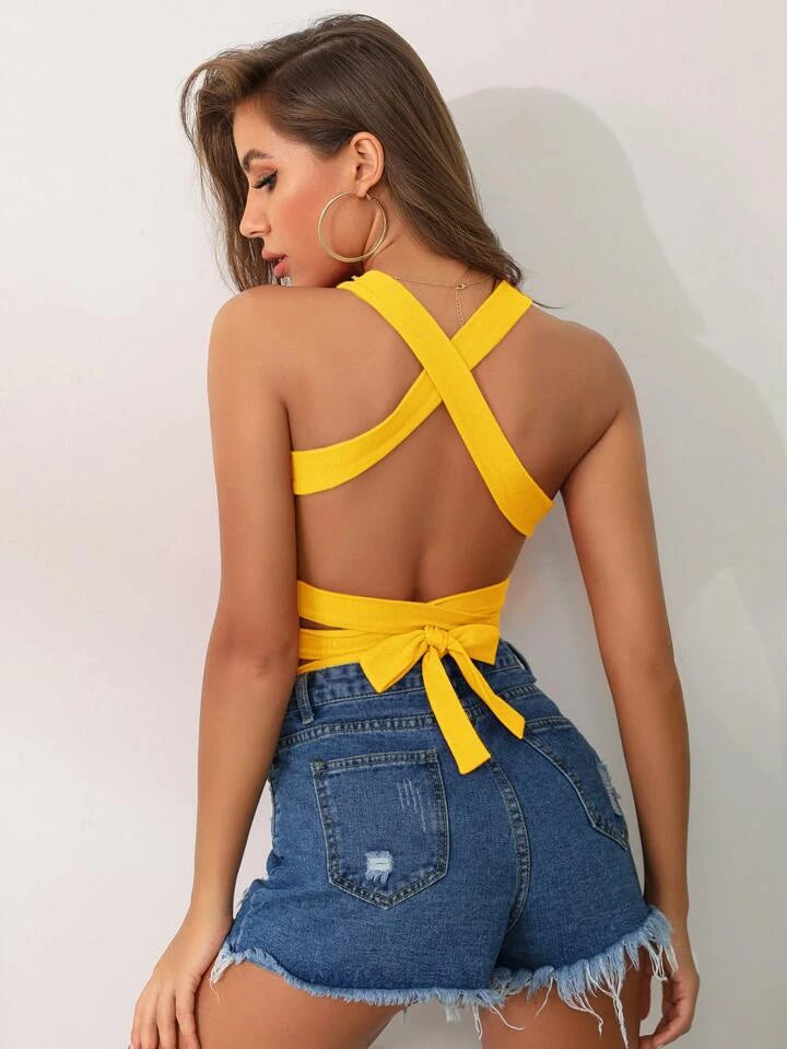 Crisscross Tie Backless Crop Cami Top