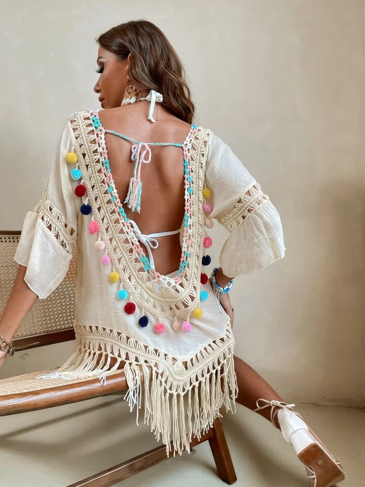 Pompom Fringe Tie Back Cover Up