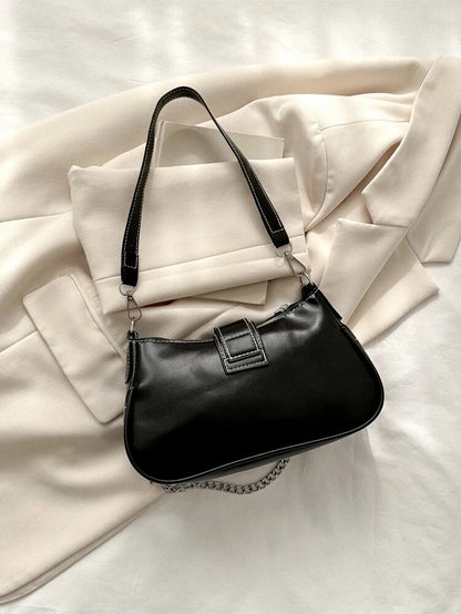 Black Buckle & Chain Baguette Bag