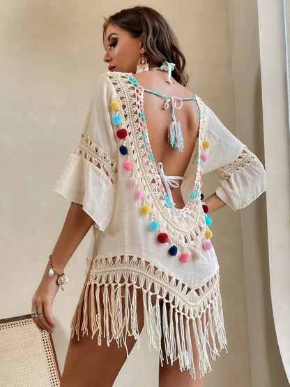 Pompom Fringe Tie Back Cover Up