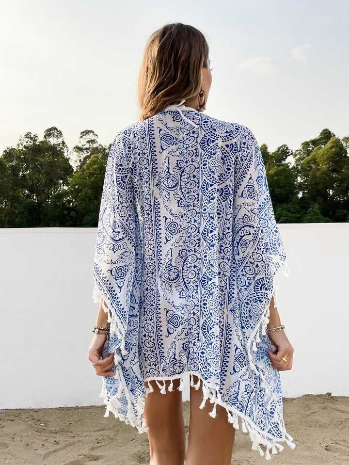 Allover Print Tassel Detail Kimono