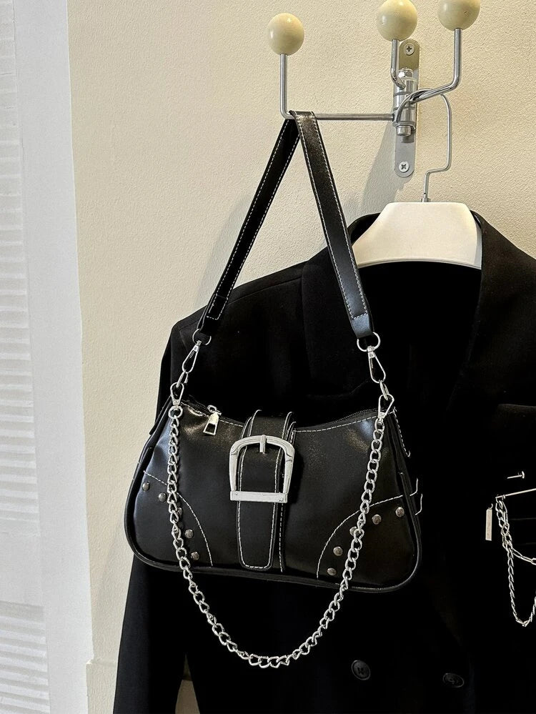 Black Buckle & Chain Baguette Bag