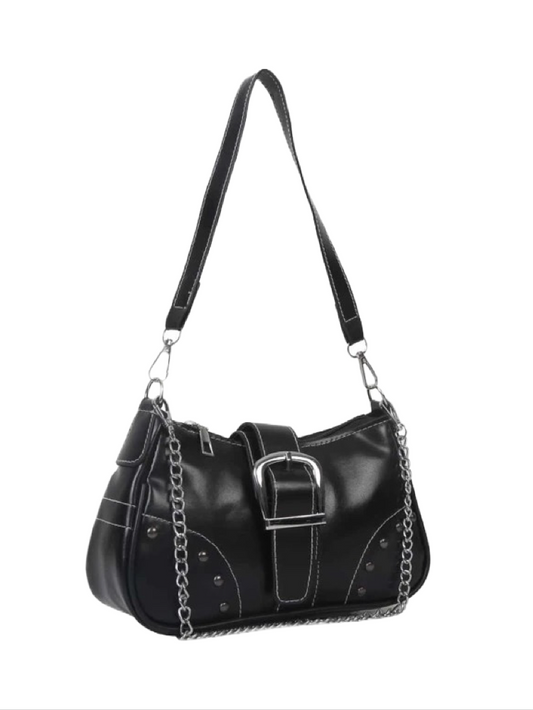 Black Buckle & Chain Baguette Bag